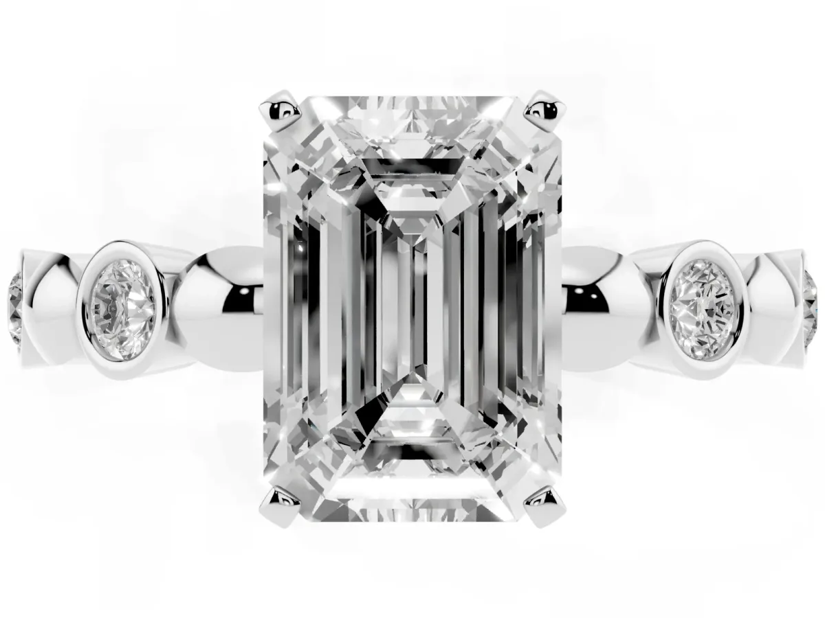 Emerald Cut Solitaire Bezel-Set Diamond Ring with Beaded Band and Four-Prong Setting Silver