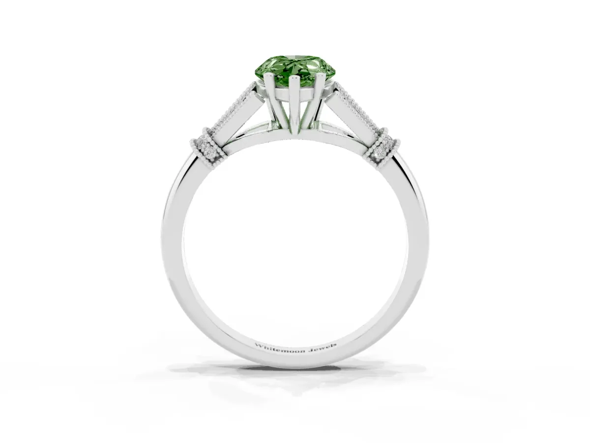 Fancy Green Pear Cut Diamond Solitaire Ring with Floral Filigree and Pave Accents Silver