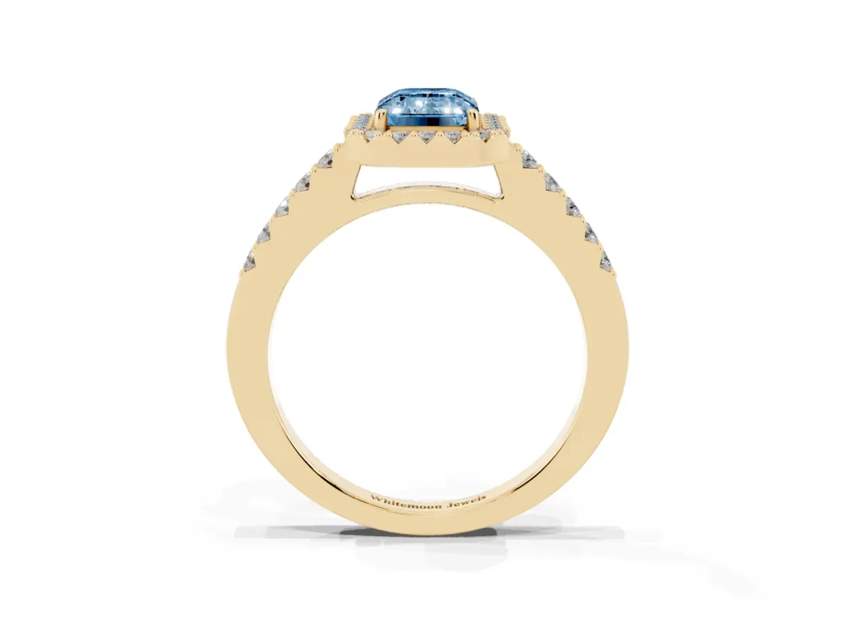 Fancy Blue Emerald Cut Halo Diamond Pavé Solitaire Ring Yellow gold