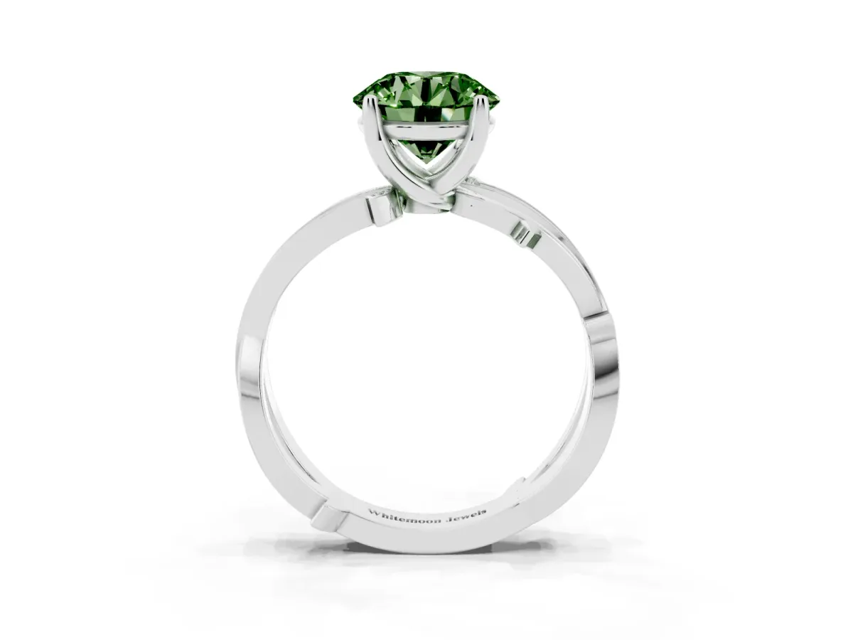 Fancy Green Round Cut Solitaire Twist Band with Pavé Accents and Four-Prong Setting White gold