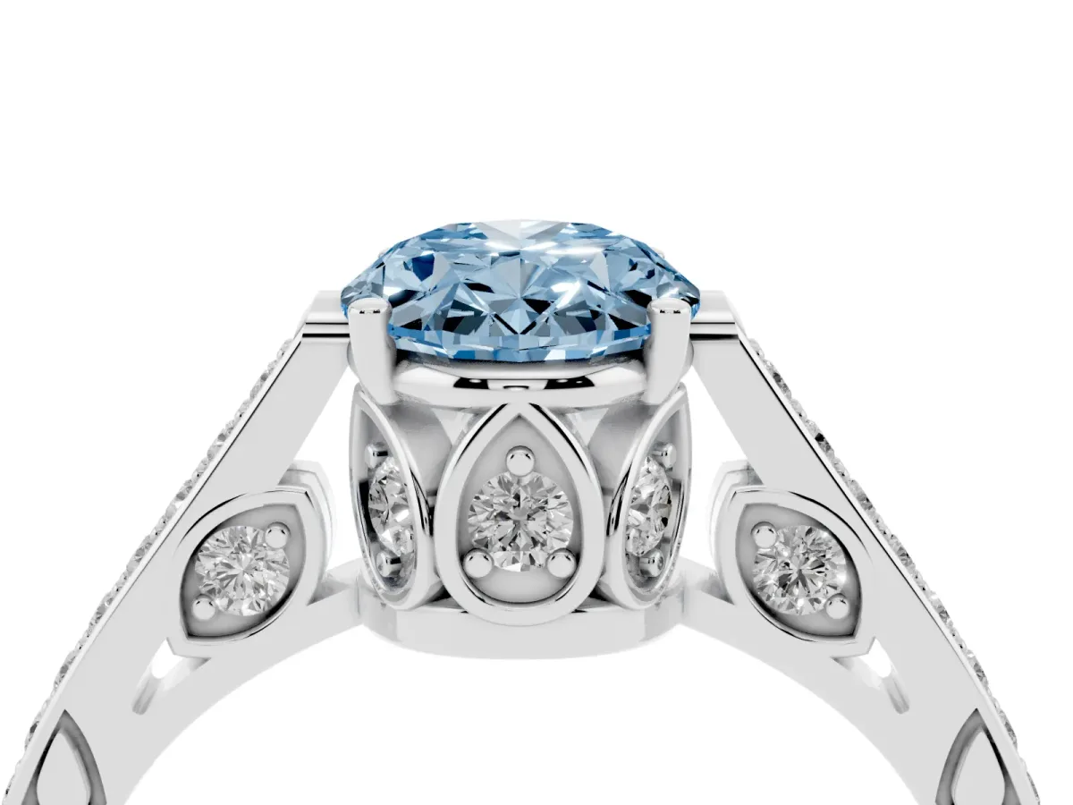 Fancy Blue Oval Cut Cut Cathedral Pave Diamond Engagement Ring with Six-Prong Setting Platinum