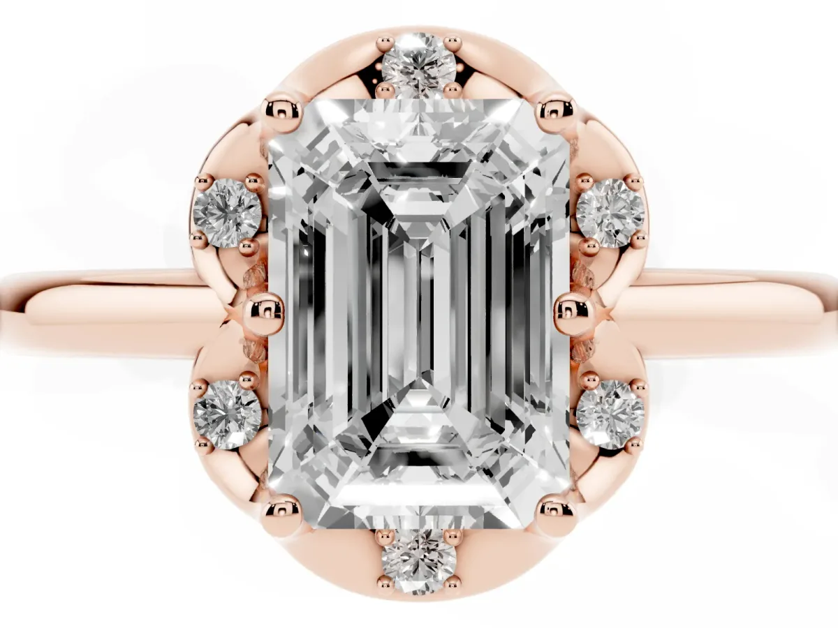 Emerald Cut Halo Diamond Ring with Round Cluster Setting, Solitaire Band, and Four-Prong Setting Rose gold