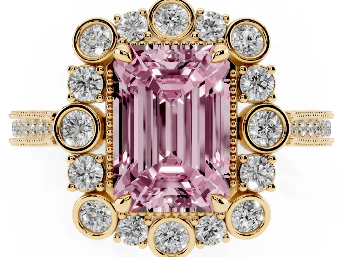 Fancy Pink Emerald Cut Halo Milgrain Pave Diamond Ring with Four-Prong Setting Yellow gold