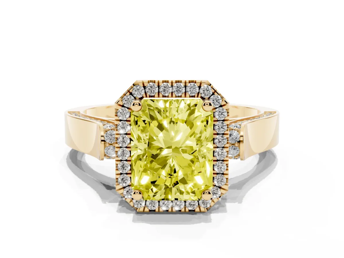 Fancy Yellow Radiant Cut Halo Pave Split Shank Prong Setting Ring Yellow gold