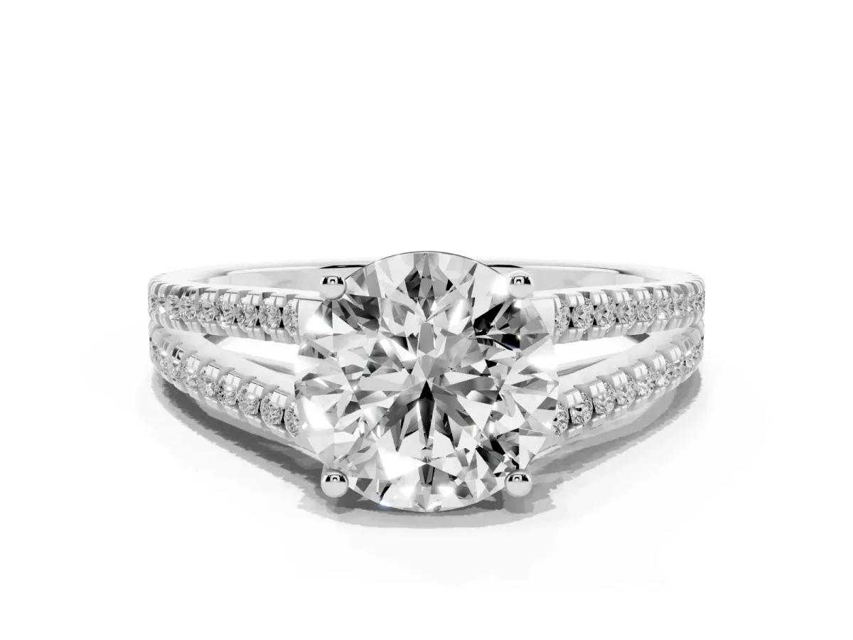 Round Cut Diamond Solitaire Engagement Ring with Split Shank Pavé Band Silver