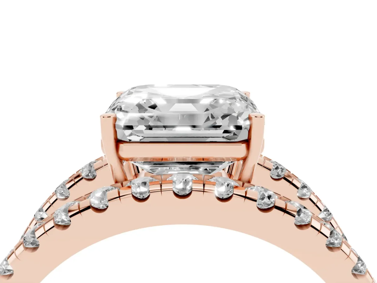 Asscher Cut Solitaire Split Shank Pave Diamond Ring Rose gold
