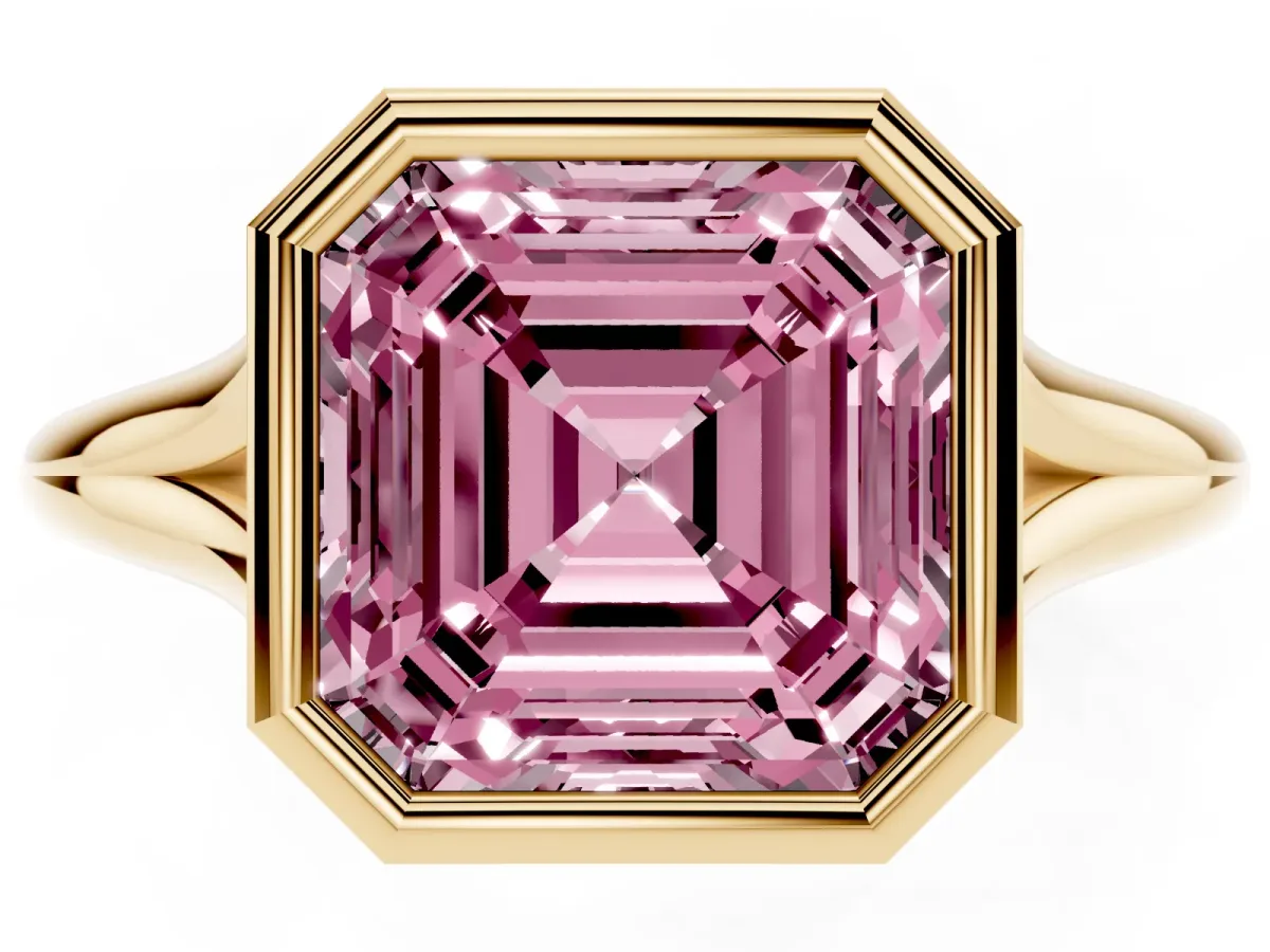 Fancy Pink Bezel Set Asscher Cut Cut Solitaire Ring with Tapered Band Yellow gold