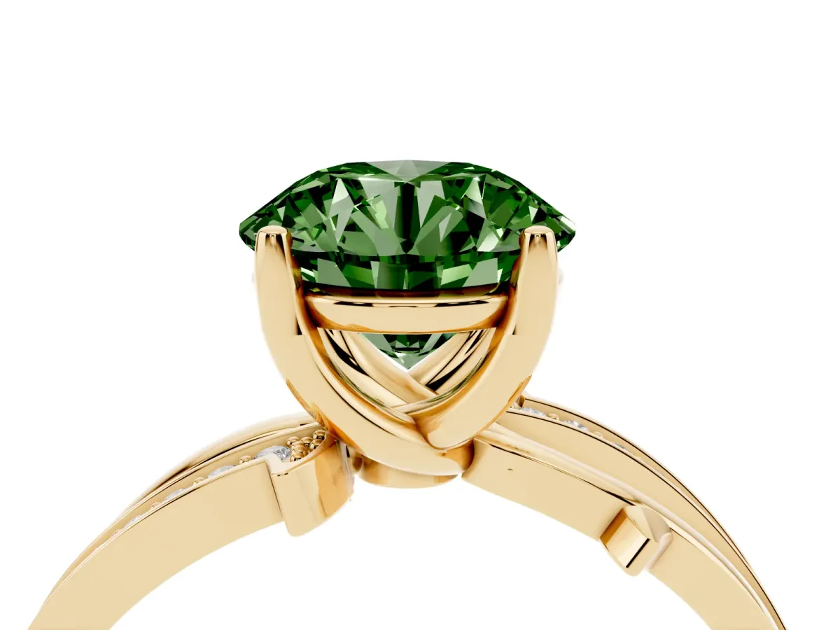 Fancy Green Round Cut Solitaire Twist Band with Pavé Accents and Four-Prong Setting Yellow gold