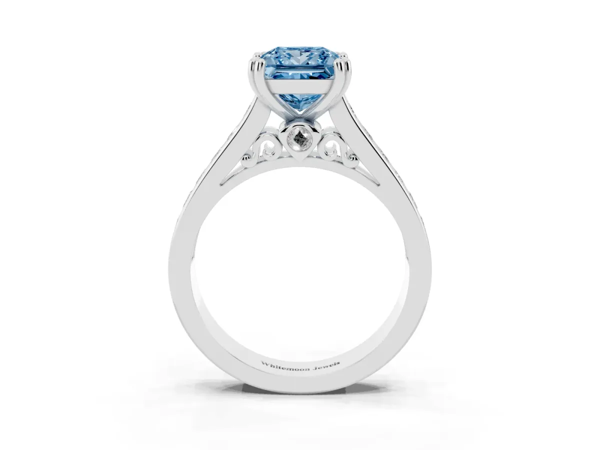 Fancy Blue Princess Cut Cut Channel Set Solitaire Engagement Ring with Prong Setting Platinum