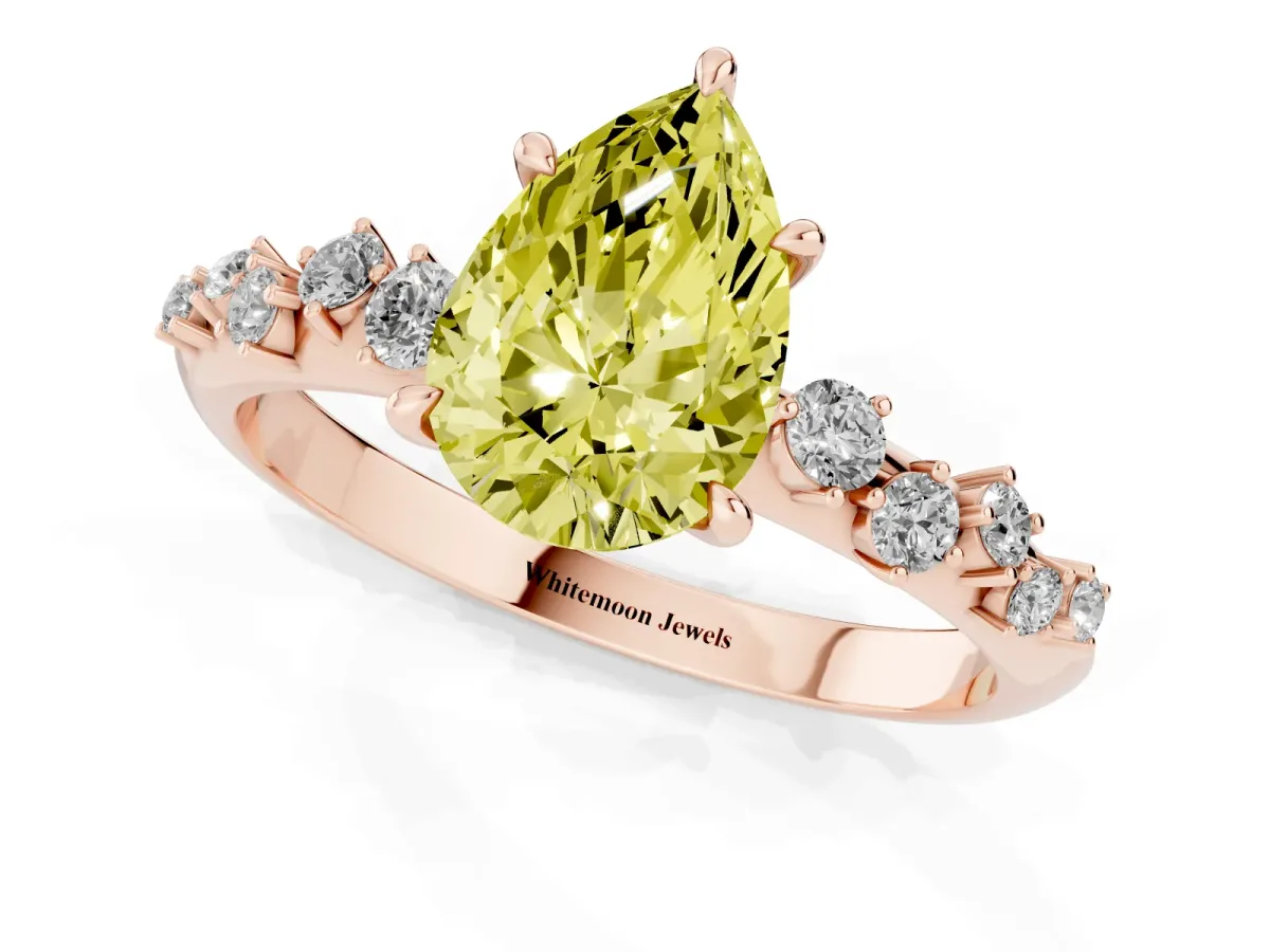 Fancy Yellow Pear Cut Diamond Cluster Side Stone Solitaire Ring with Prong Setting Rose gold