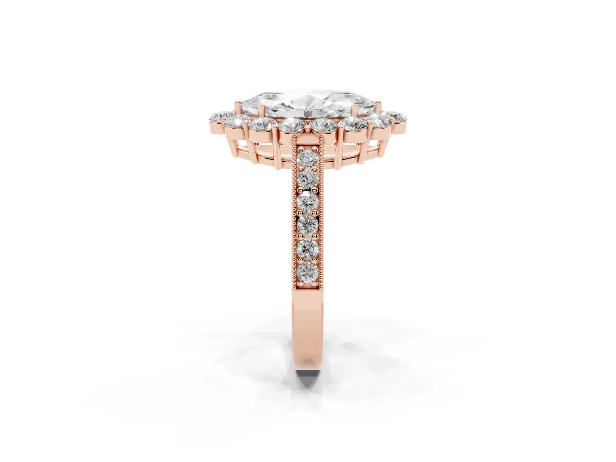 Marquise Cut Cut Halo Diamond Pavé Engagement Ring with Milgrain Detailing Rose gold