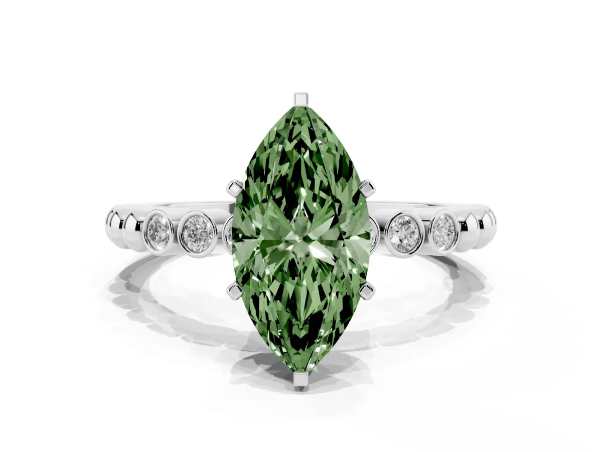 Fancy Green Marquise Cut Solitaire Bezel Accent Diamond Engagement Ring with Beaded Band and Four-Prong Setting Silver