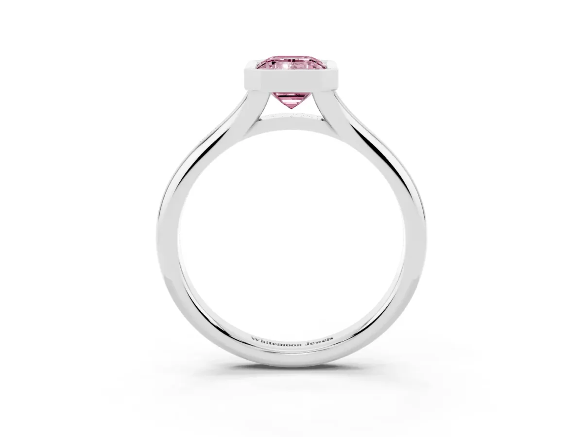 Fancy Pink Bezel Set Emerald Cut Solitaire Diamond Ring with Smooth Band Silver