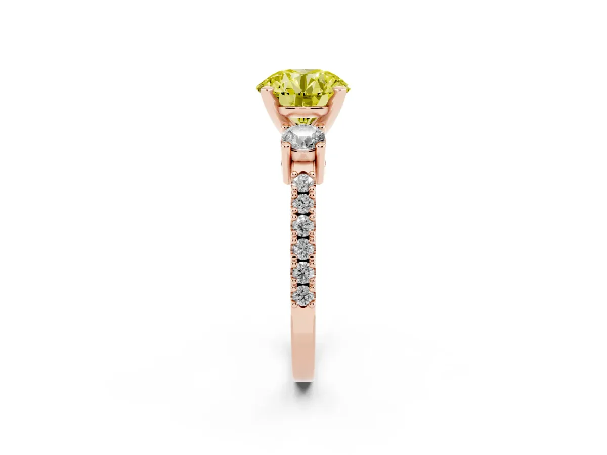 Fancy Yellow Round Cut Three-Stone Diamond Pavé Band with Prong Setting Rose gold