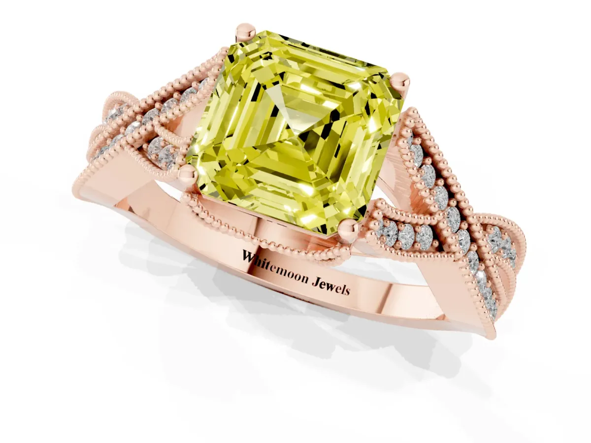 Fancy Yellow Asscher Cut Cut Diamond Twisted Band with Milgrain Pave Setting and Four-Prong Setting Rose gold