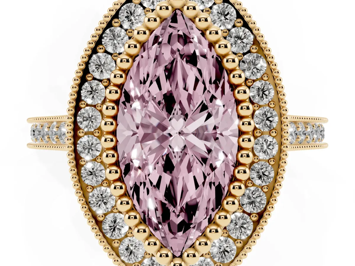 Fancy Pink Marquise Cut Diamond Halo Ring with Milgrain Frame and Pavé Band Yellow gold