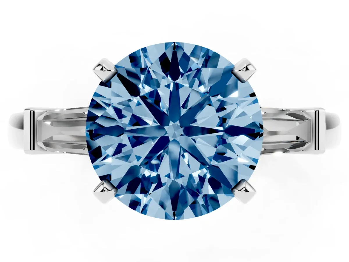 Fancy Blue Round Cut Cut Diamond Solitaire Ring with Tapered Baguette Accents and Four-Prong Setting White gold