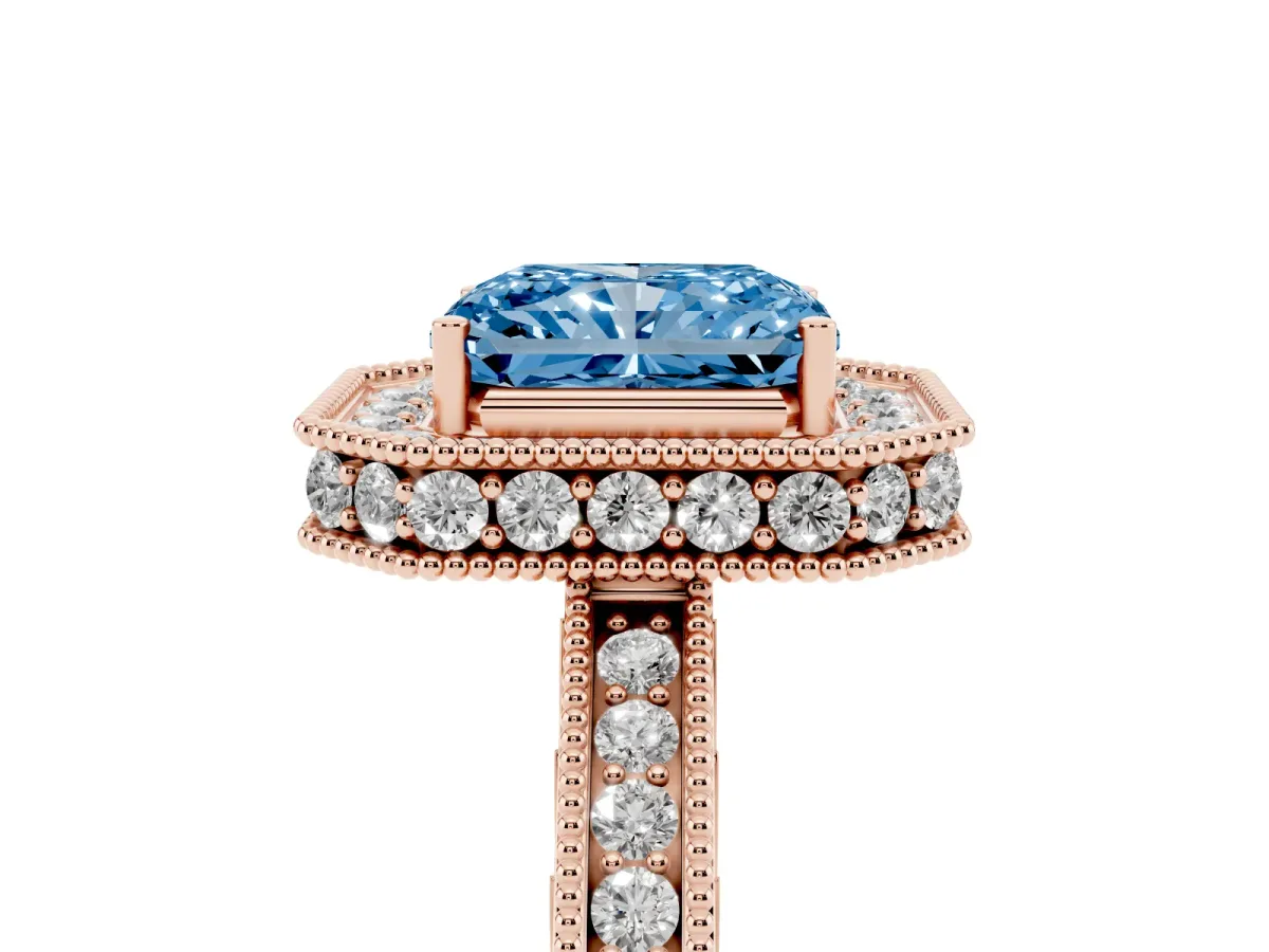 Fancy Blue Radiant Cut Diamond Milgrain Halo Engagement Ring with Round Pavé Band and Prong Setting Rose gold