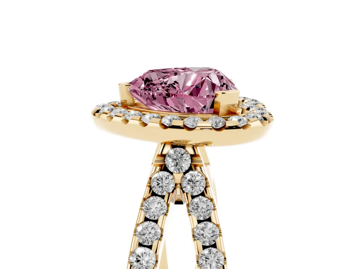 Fancy Pink Heart Cut Diamond Halo Ring with Split Shank Pavé Band and Prong Setting Yellow gold