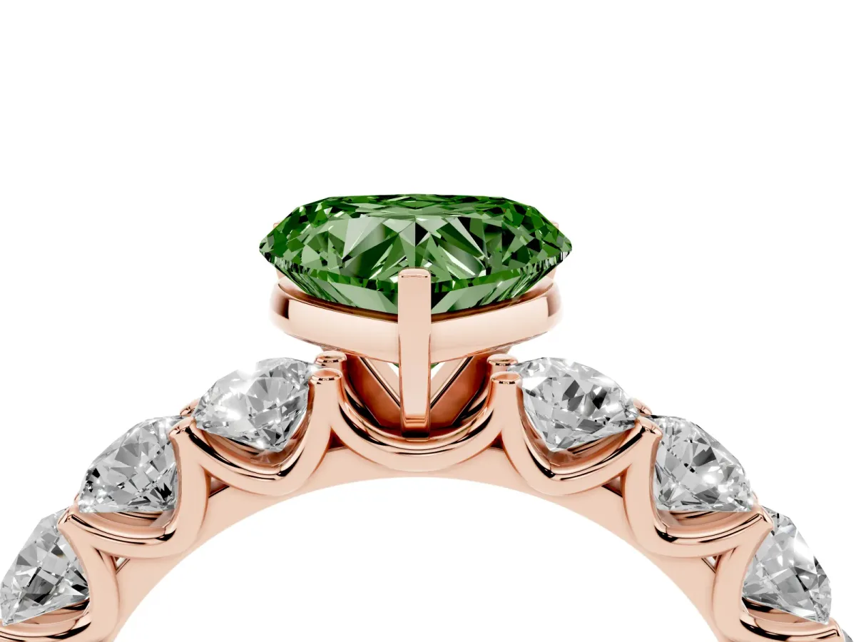 Fancy Green Heart Cut Diamond Prong Setting with Side Stones on a Pave Band Rose gold