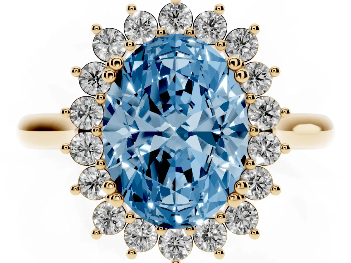 Fancy Blue Oval Cut Cut Diamond Halo Ring with Solitaire Band and Prong Setting Yellow gold