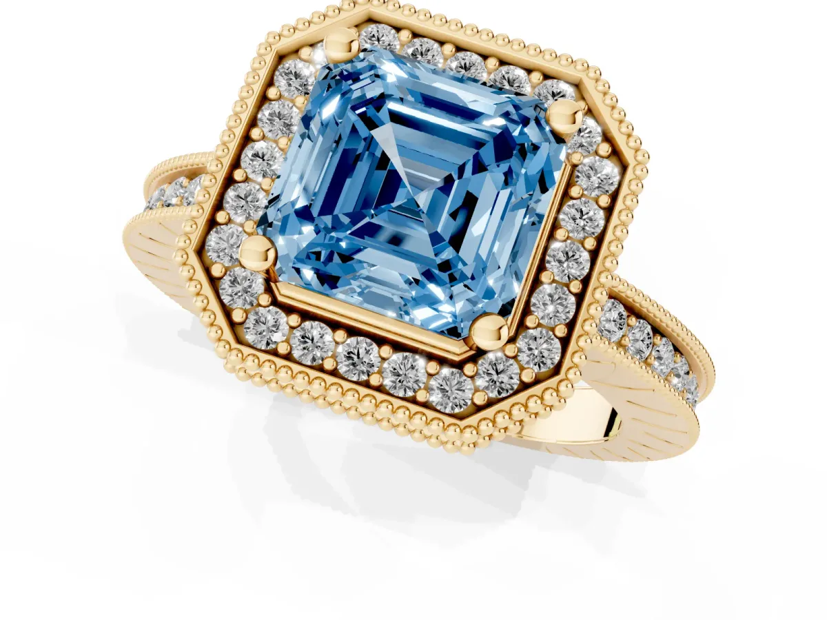 Fancy Blue Asscher Cut Diamond Milgrain Halo Engagement Ring with Round Pavé Band and Prong Setting Yellow gold