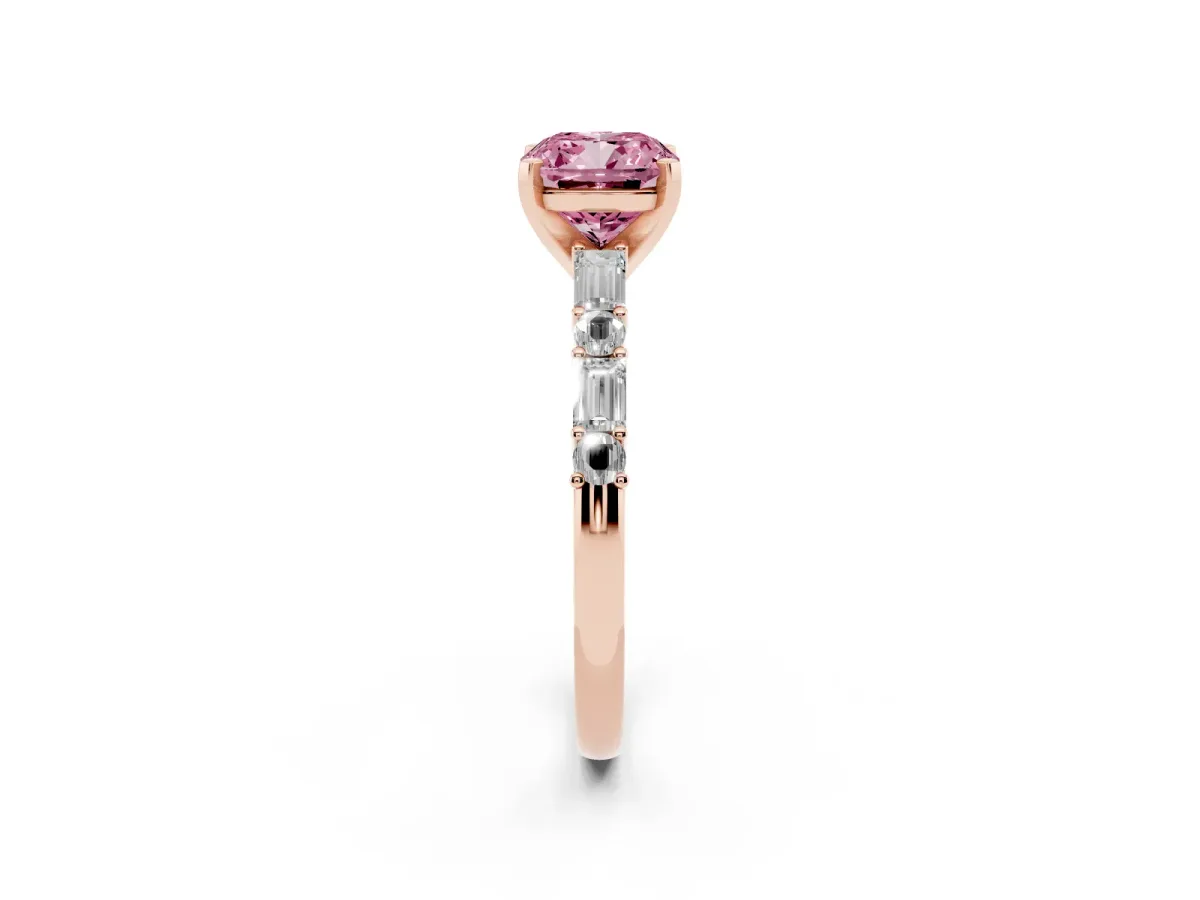 Fancy Pink Cushion Cut Diamond Solitaire with Side Baguettes and Channel Set Band Rose gold