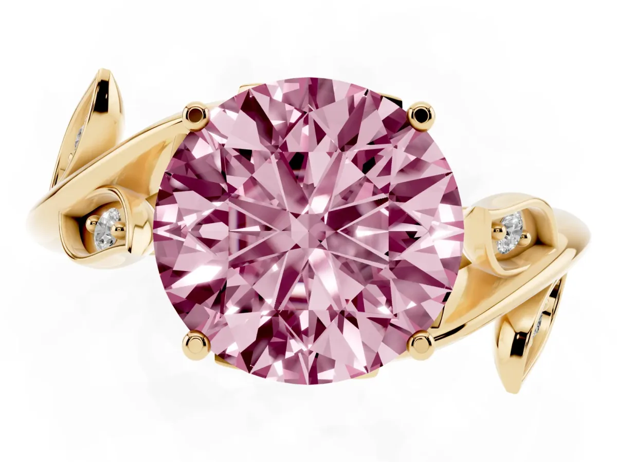 Fancy Pink Round Cut Solitaire Twist Engagement Ring with Leaf Accents and Prong Setting Yellow gold