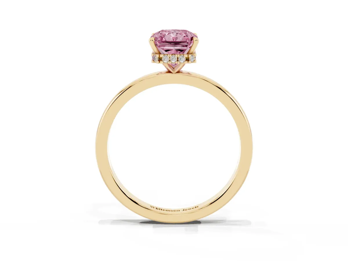 Fancy Pink Radiant Cut Solitaire Engagement Ring with Cathedral Band and Four-Prong Setting Yellow gold