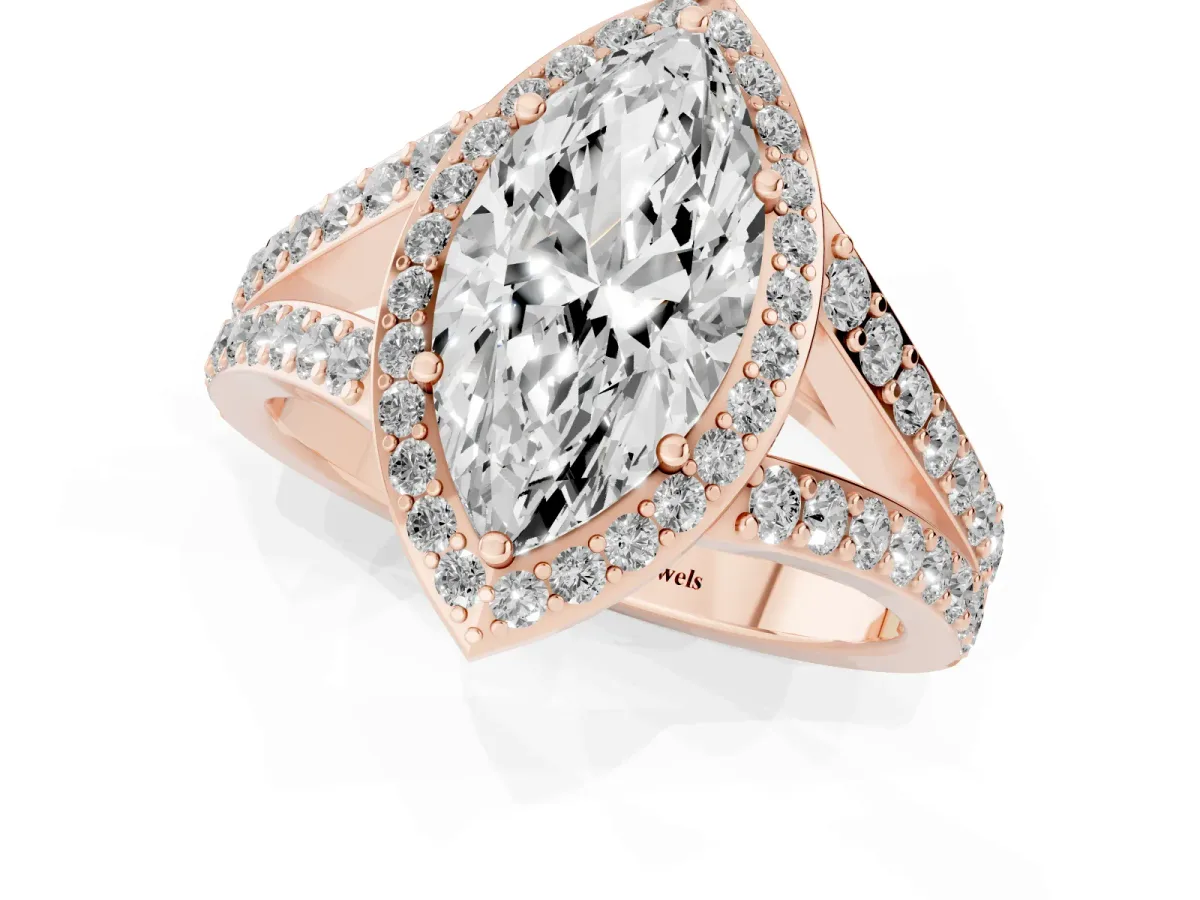Marquise Cut Diamond Split Shank Halo Ring with Four-Prong Setting Rose gold