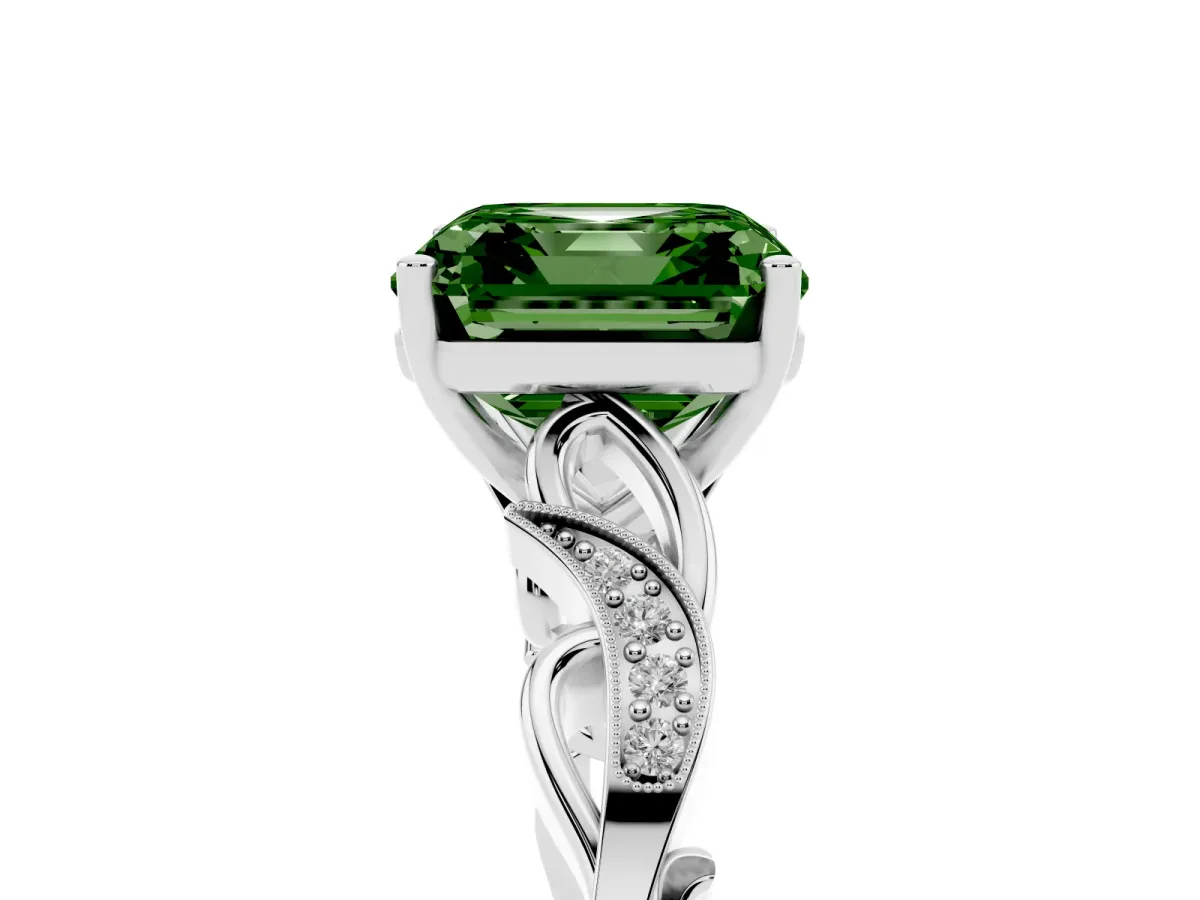 Fancy Green Asscher Cut Solitaire Vine Band with Milgrain Prong Setting Silver