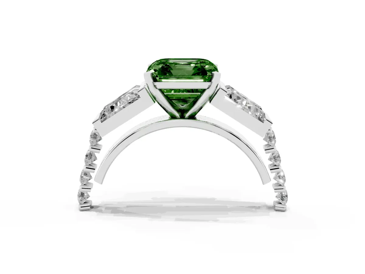 Fancy Green Asscher Cut Diamond Engagement Ring with Baguette Side Stones and Channel Set Band White gold