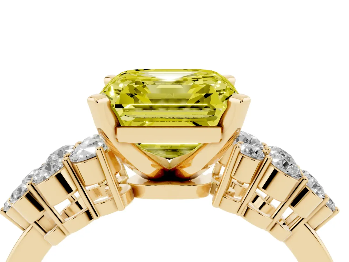 Fancy Yellow Asscher Cut Cluster Diamond Engagement Ring with Pavé Band and Four-Prong Setting Yellow gold