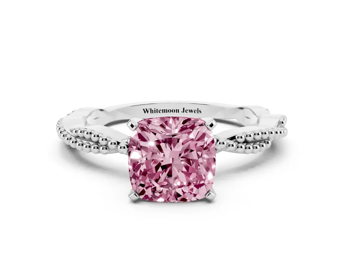 Fancy Pink Cushion Cut Solitaire Twisted Band with Bead Prong Setting Silver