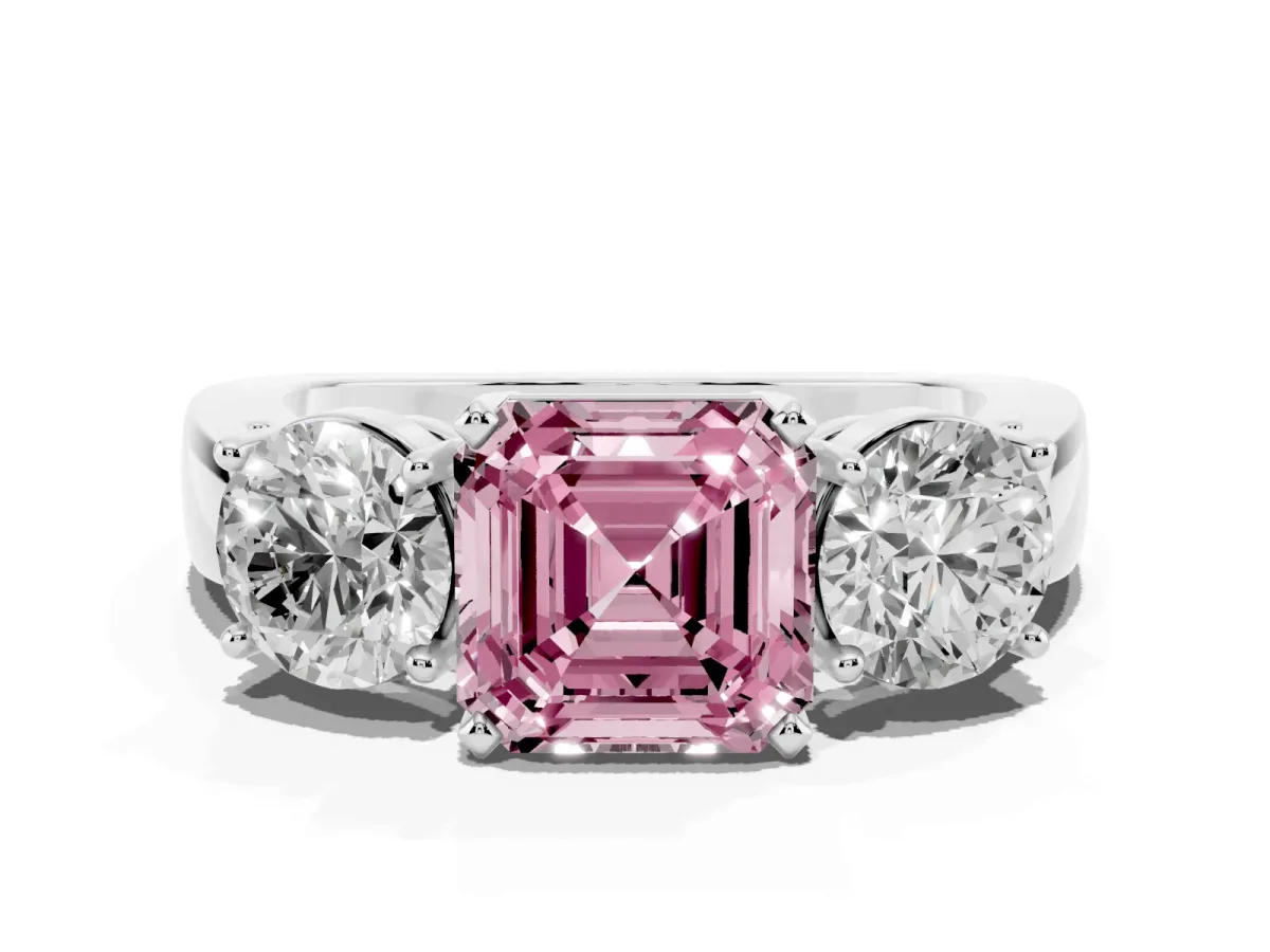 Fancy Pink Three-Stone Asscher Cut Diamond Ring with Round Side Stones, Classic Band, and Four-Prong Setting Silver