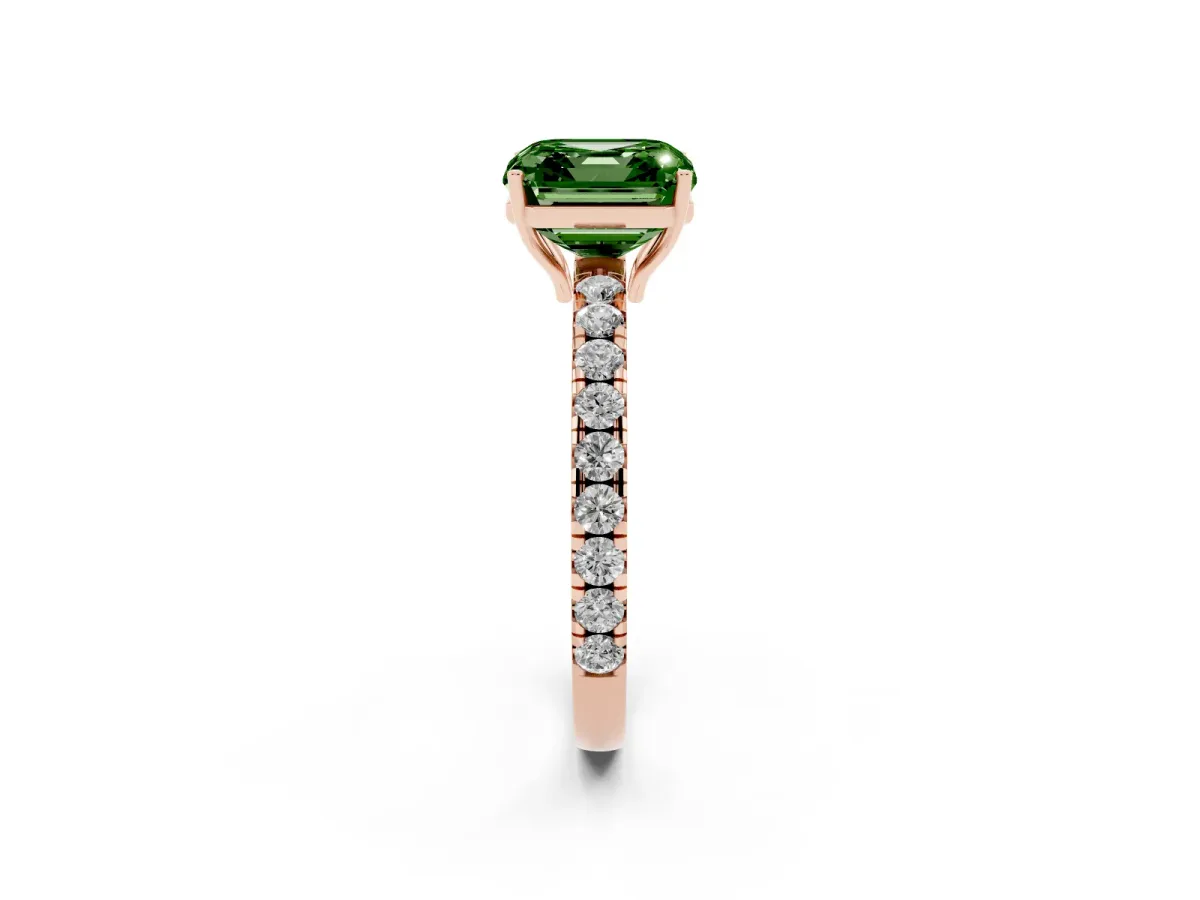 Fancy Green Asscher Cut Diamond Pavé Solitaire Engagement Ring with Four-Prong Setting Rose gold
