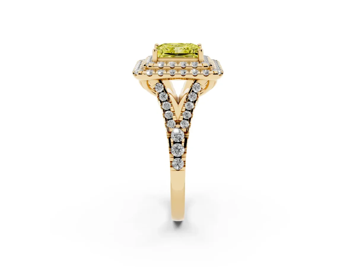 Fancy Yellow Double Halo Princess Cut Diamond Pavé Split Shank Ring with Prong Setting Yellow gold