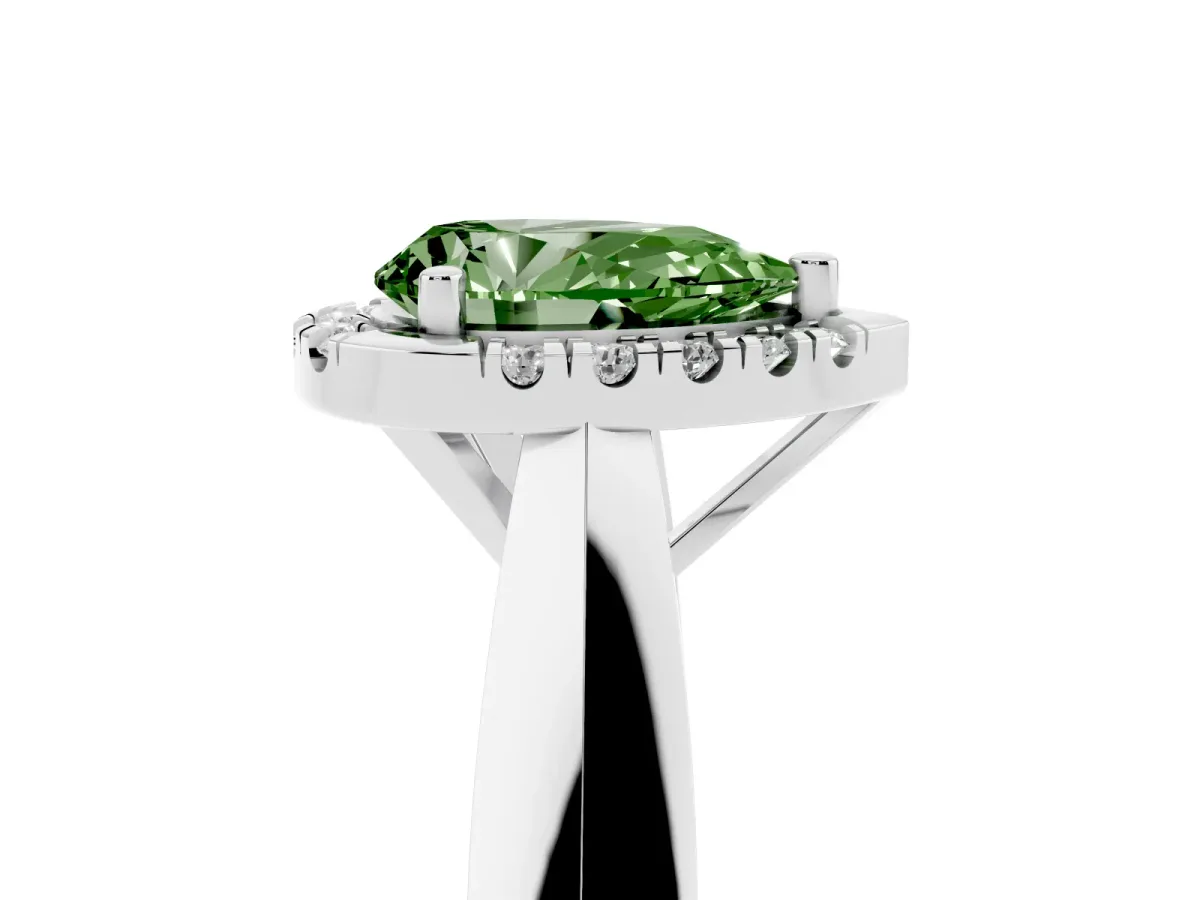 Fancy Green Pear Cut Cut Halo Solitaire Engagement Ring with Square Band and Four-Prong Setting White gold