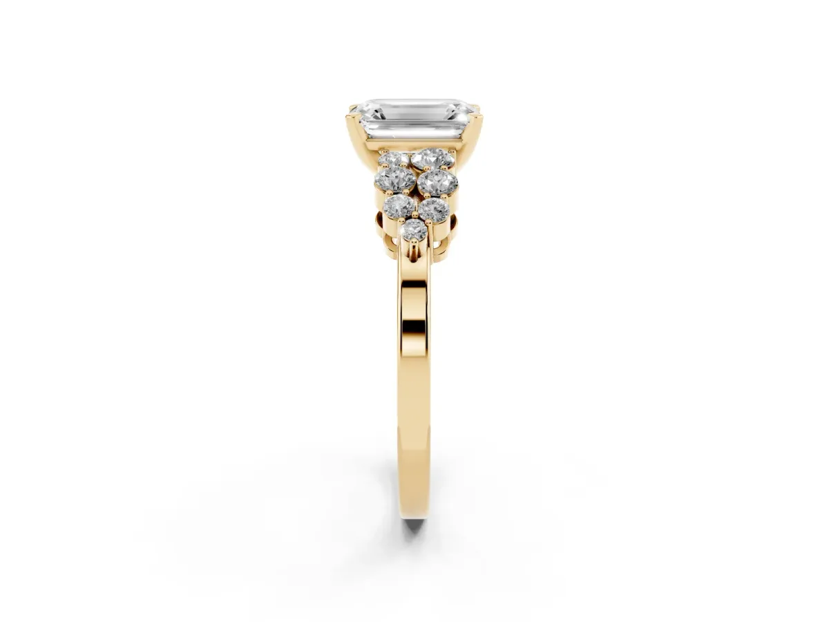 Emerald Cut Cluster Diamond Engagement Ring with Pavé Band and Four-Prong Setting Yellow gold