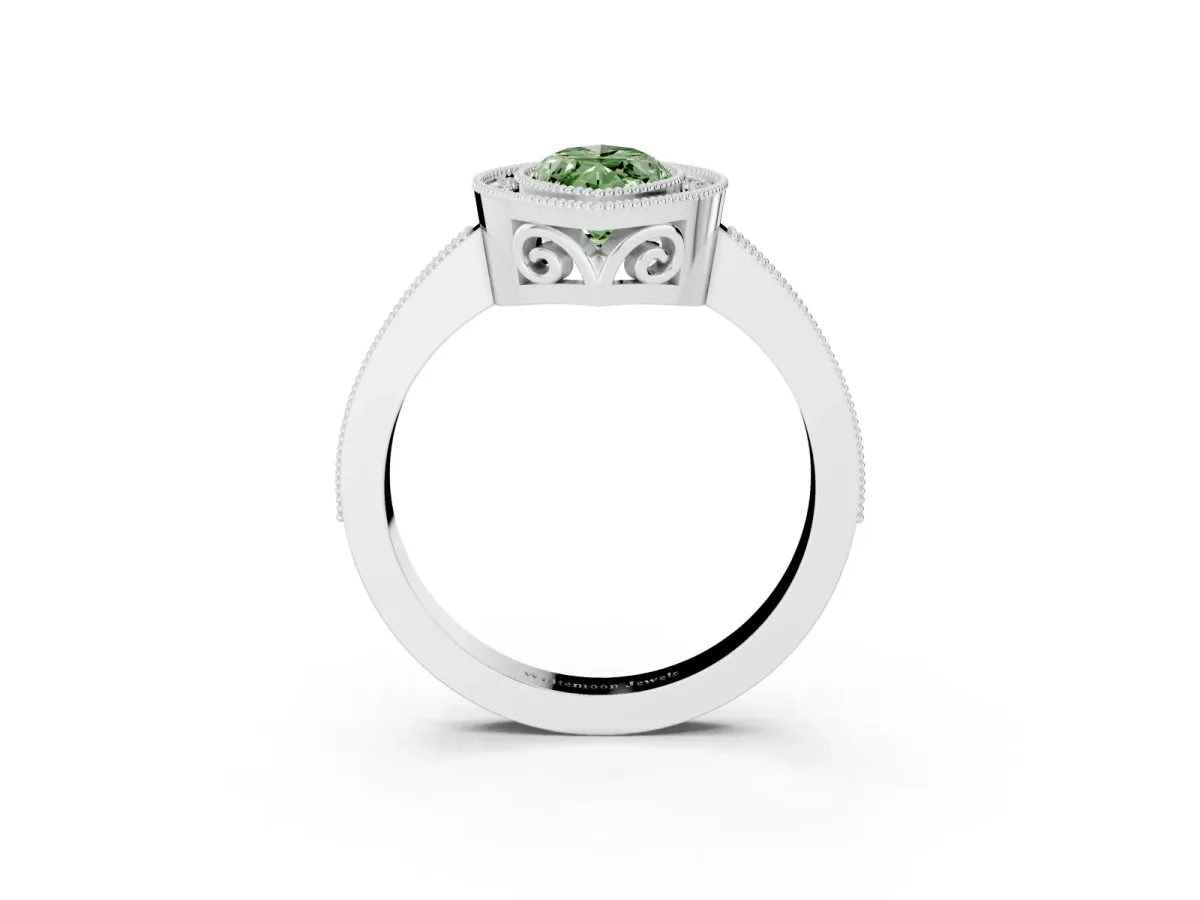 Fancy Green Marquise Cut Cut Halo Diamond Ring with Pavé Band and Milgrain Prong Setting White gold