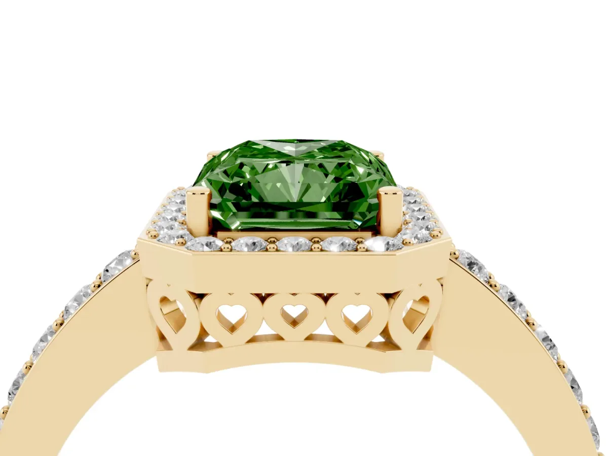 Fancy Green Radiant Cut Halo Diamond Pavé Band Ring with Prong Setting Yellow gold