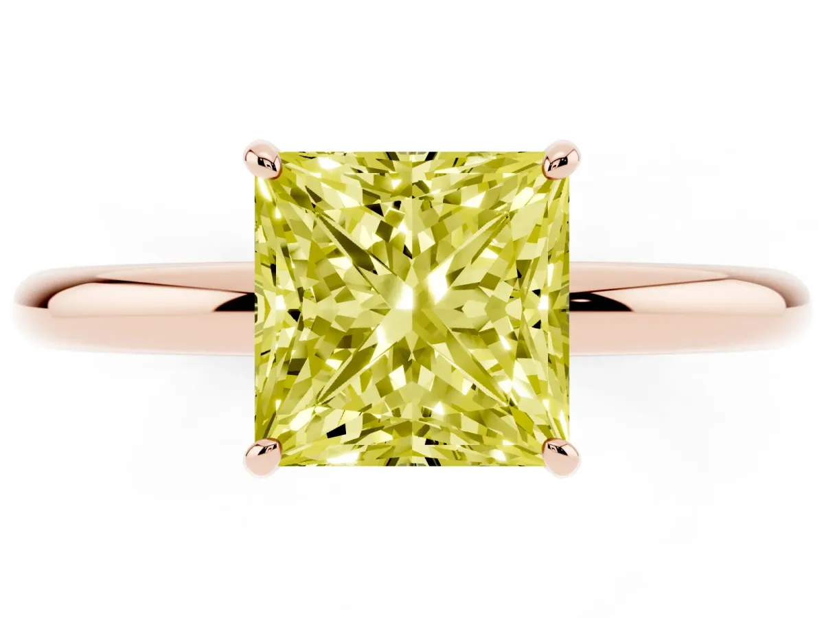 Fancy Yellow Princess Cut Solitaire Diamond Ring with Four-Prong Setting on a Plain Band Rose gold