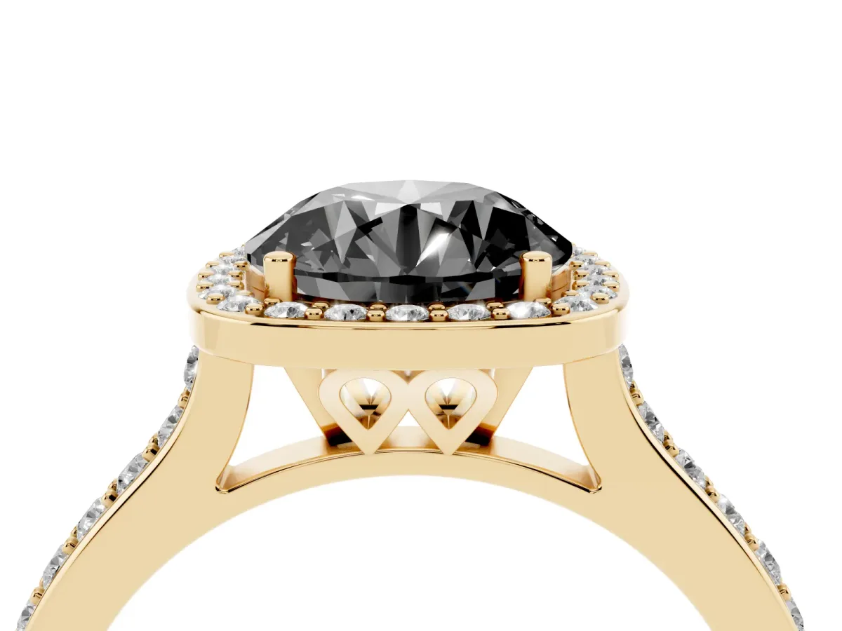 Fancy Black Round Cut Diamond Halo Engagement Ring with Round Pavé Shoulders and Prong Setting Yellow gold