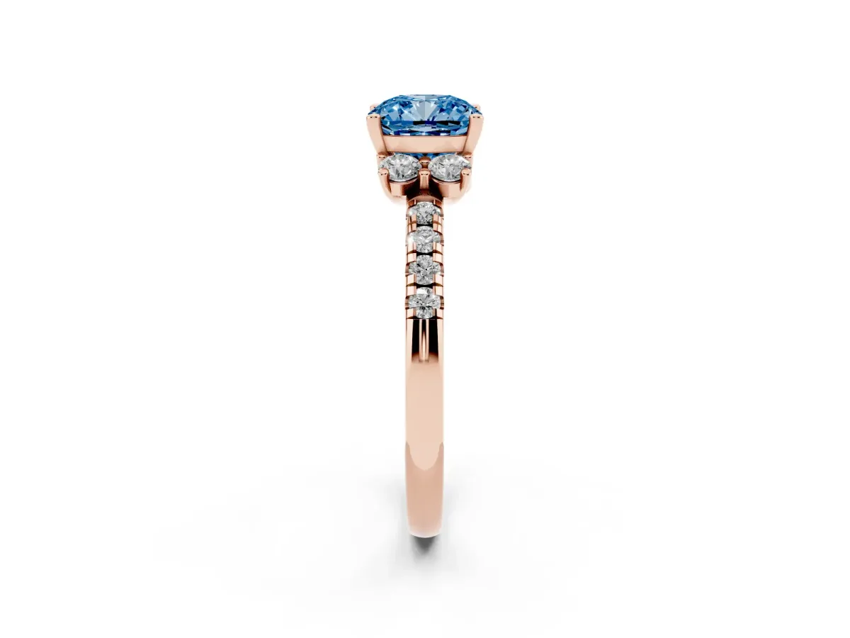 Fancy Blue Cushion Cut Diamond Three-Stone Pave Band with Four-Prong Setting Rose gold