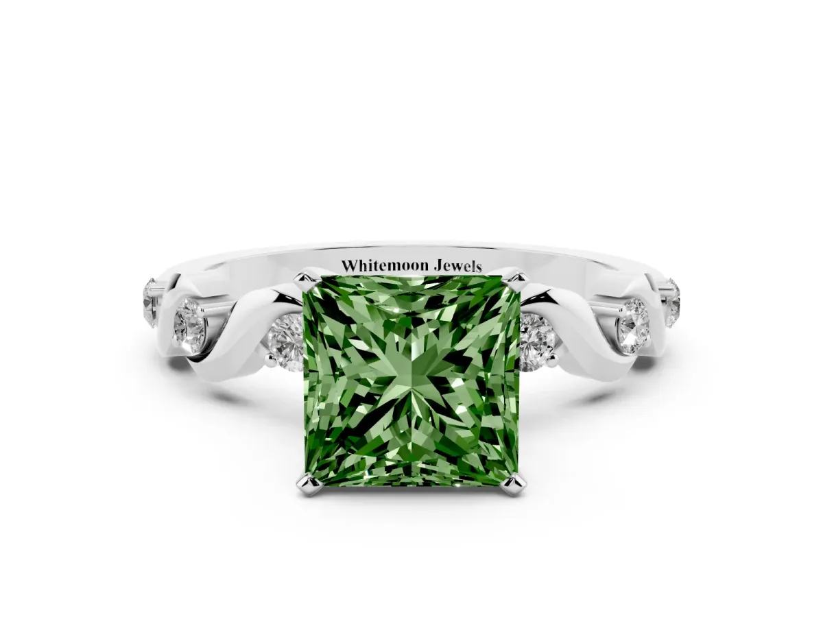 Fancy Green Princess Cut Diamond Solitaire Twisted Band with Round Accents and Prong Setting White gold
