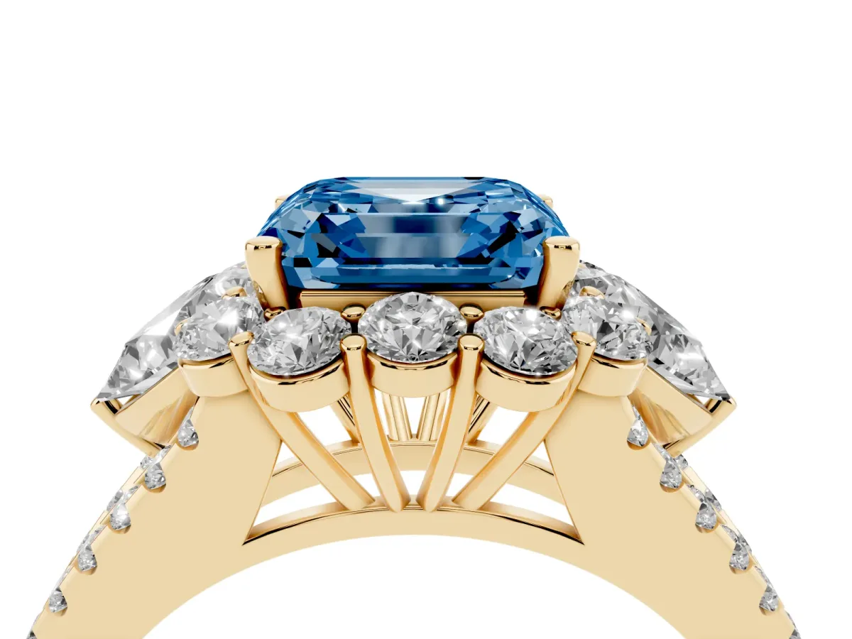 Fancy Blue Asscher Cut Halo Split Shank Diamond Engagement Ring with Prong Setting Yellow gold