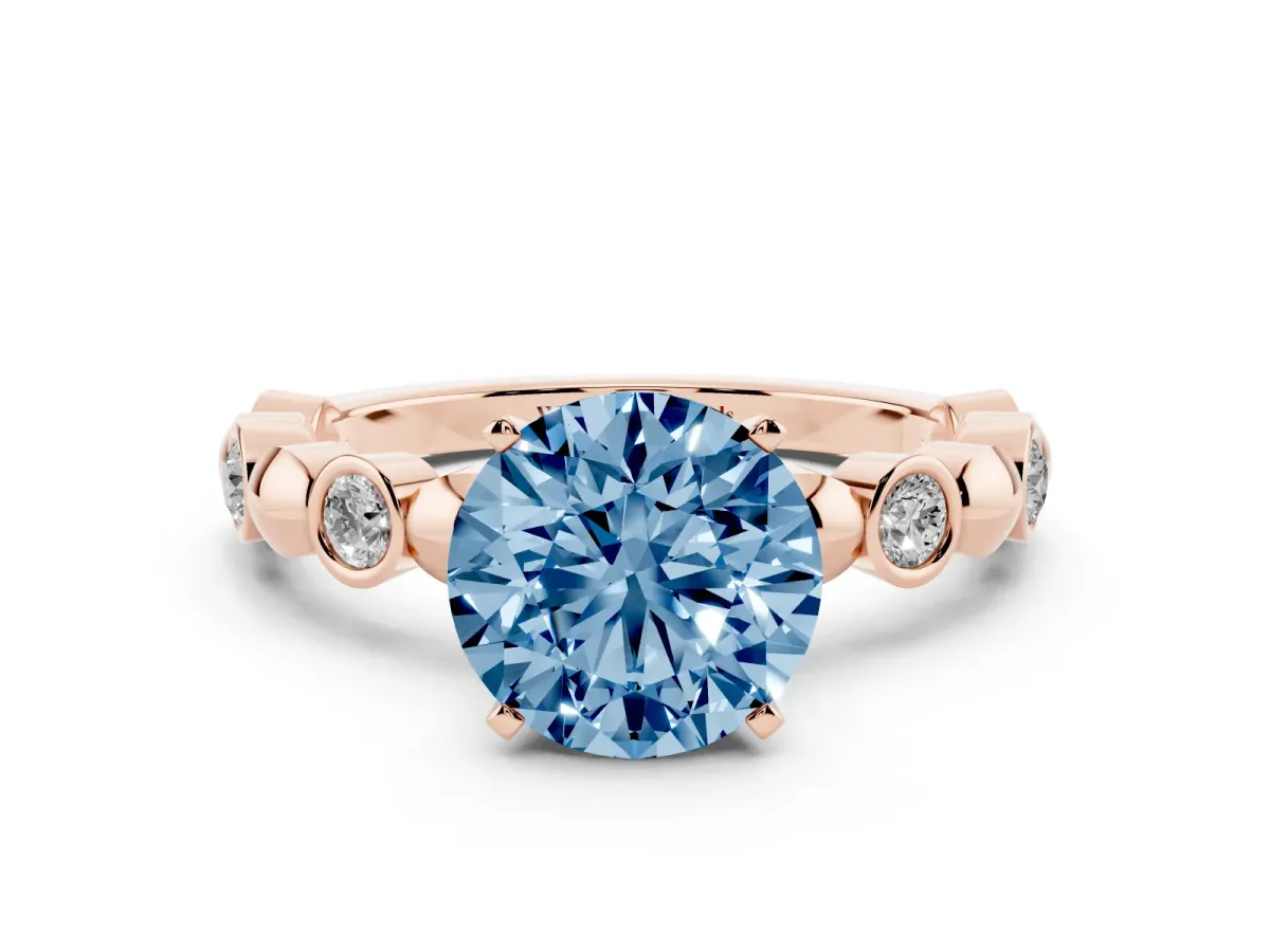 Fancy Blue Round Cut Solitaire Bezel-Set Diamond Ring with Beaded Band and Four-Prong Setting Rose gold