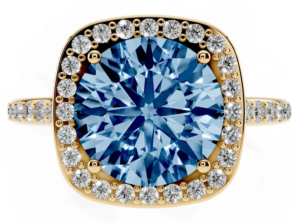Fancy Blue Round Cut Diamond Halo Engagement Ring with Round Pavé Shoulders and Prong Setting Yellow gold