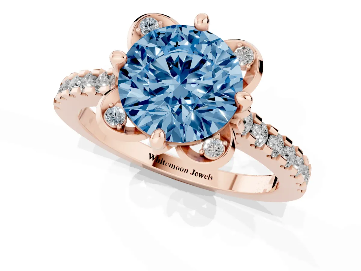 Fancy Blue Round Cut Diamond Ring with Pavé Band and Floral Prong Setting Rose gold