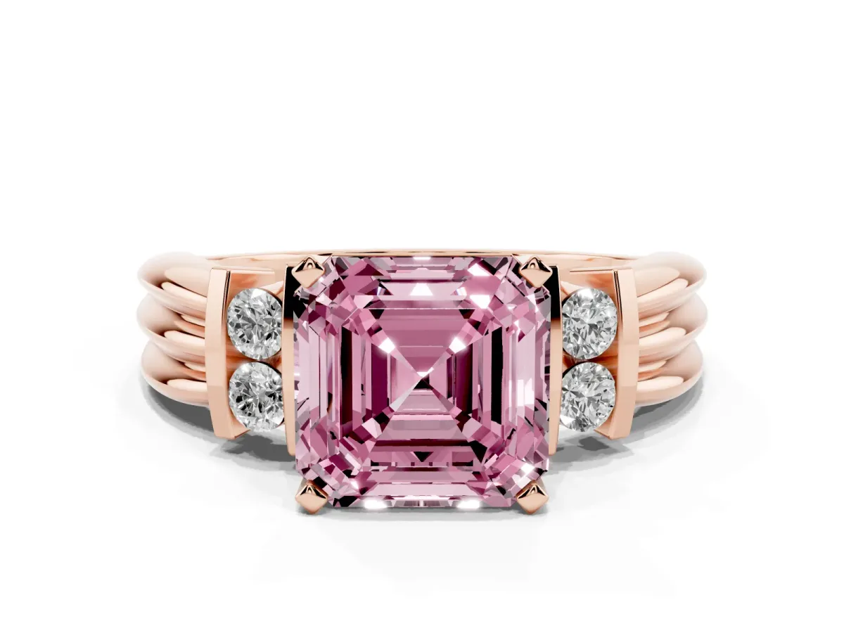 Fancy Pink Asscher Cut Cut Three-Stone Channel Set Ring with Bar Prongs Rose gold